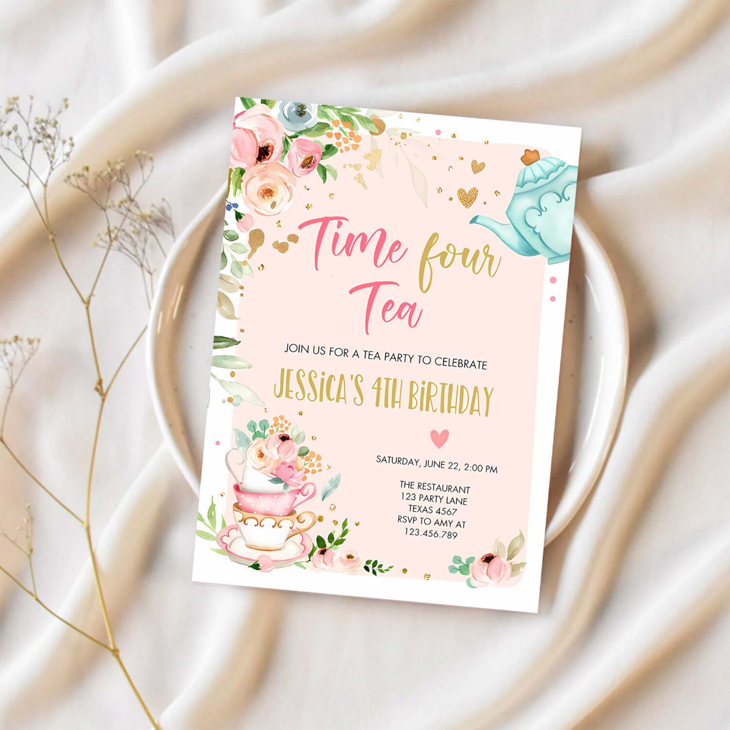Editable tea party birthday invitation four par tea birthday invite pink gold floral 4th download printable template corjl digital 0349 1