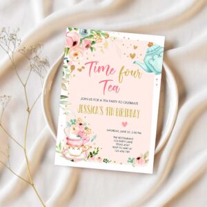 Editable tea party birthday invitation four par tea birthday invite pink gold floral 4th download printable template corjl digital 0349 1