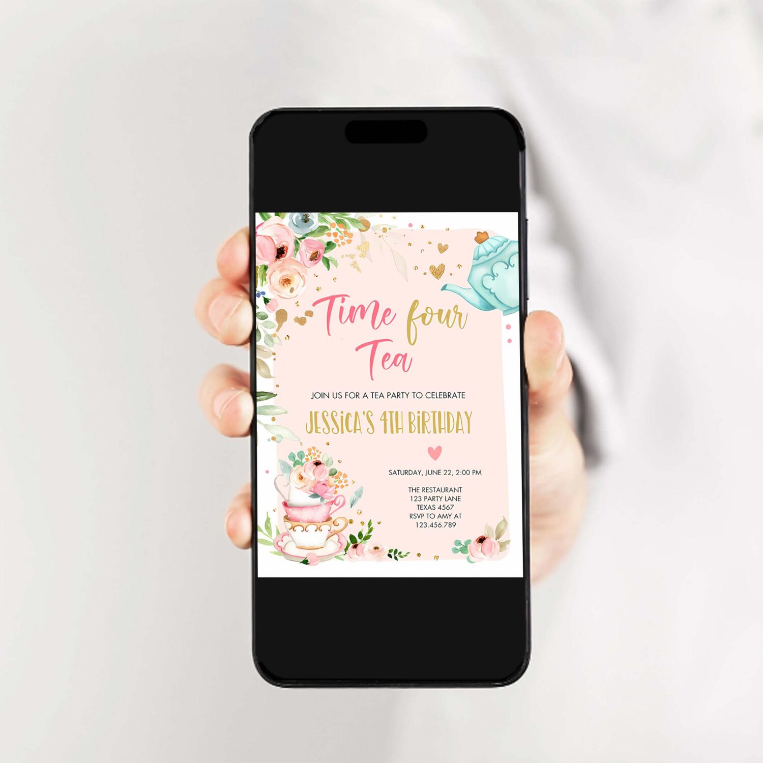 Editable tea party birthday invitation four par tea birthday invite pink gold floral 4th download printable template corjl digital 0349 2
