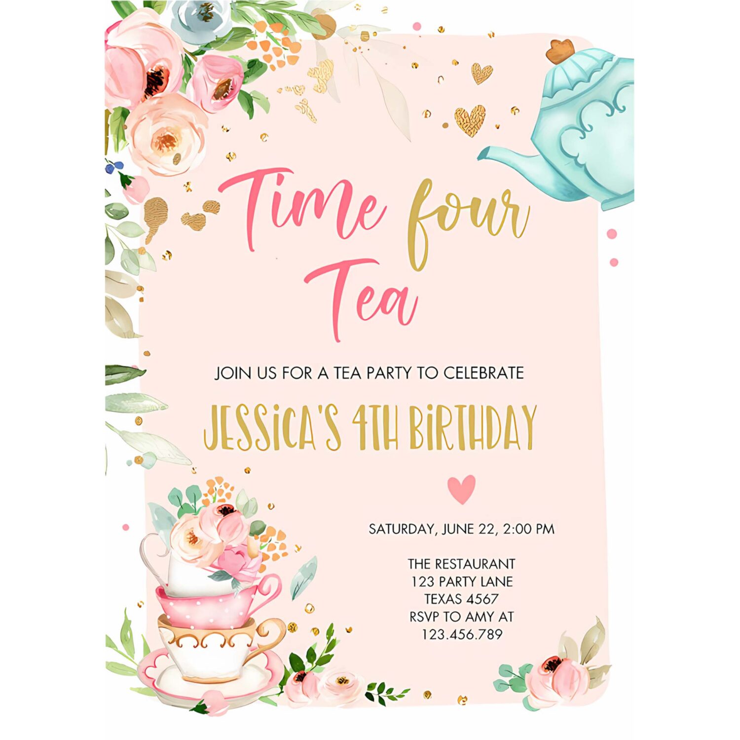 Editable tea party birthday invitation four par tea birthday invite pink gold floral 4th download printable template corjl digital 0349 4