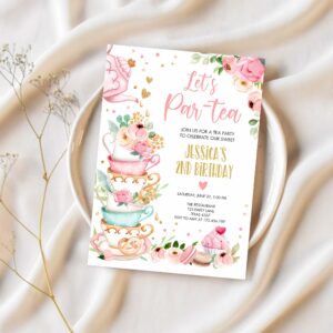 Editable tea party birthday invitation girl par tea invite floral pink gold whimsical tea download printable template corjl digital 0349 1