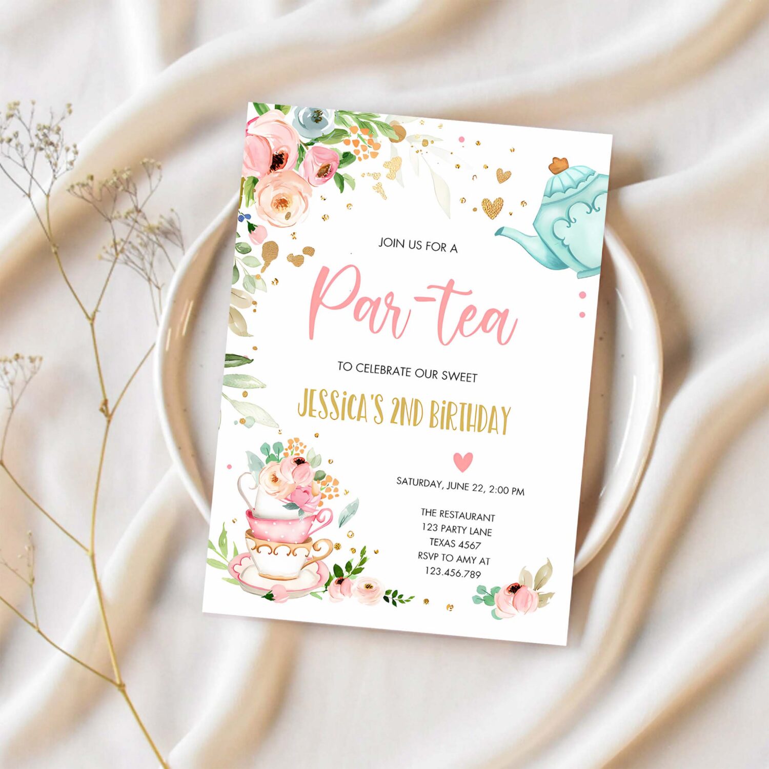 Editable tea party birthday invitation par tea birthday invite pink and gold floral whimsical download printable template corjl digital 0349 1