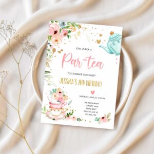 Editable tea party birthday invitation par tea birthday invite pink and gold floral whimsical download printable template corjl digital 0349 1