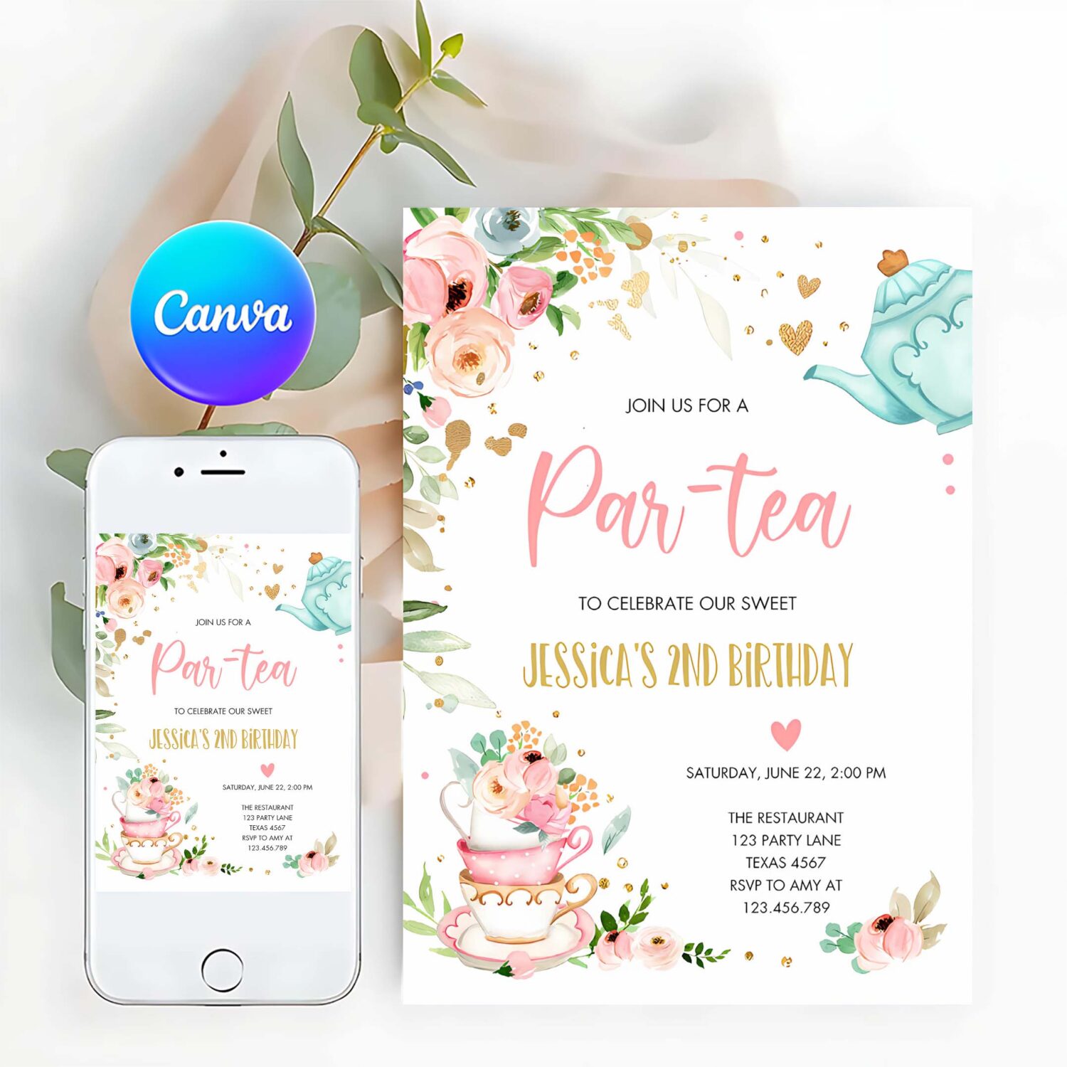 Editable tea party birthday invitation par tea birthday invite pink and gold floral whimsical download printable template corjl digital 0349