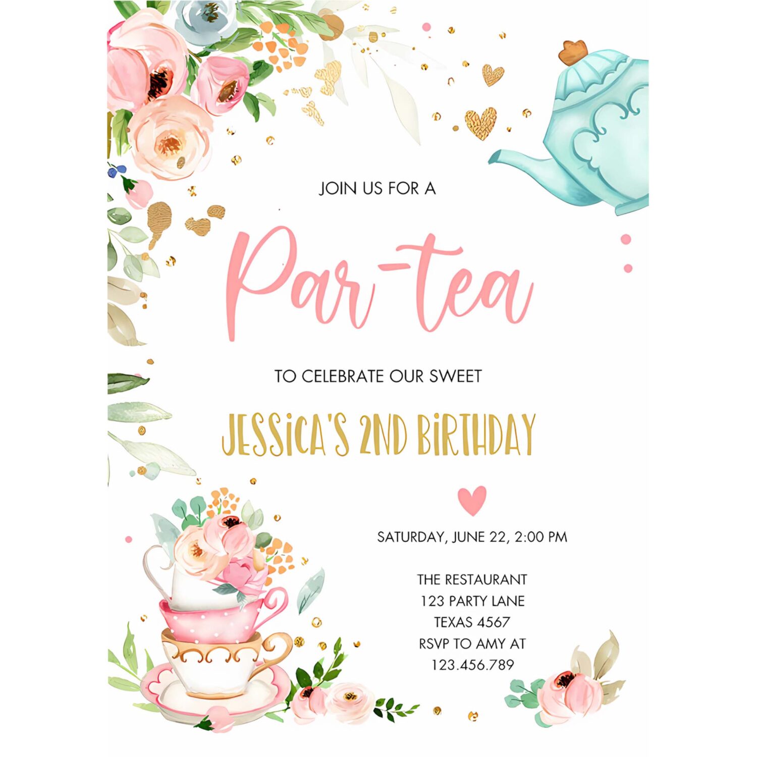 Editable tea party birthday invitation par tea birthday invite pink and gold floral whimsical download printable template corjl digital 0349 4