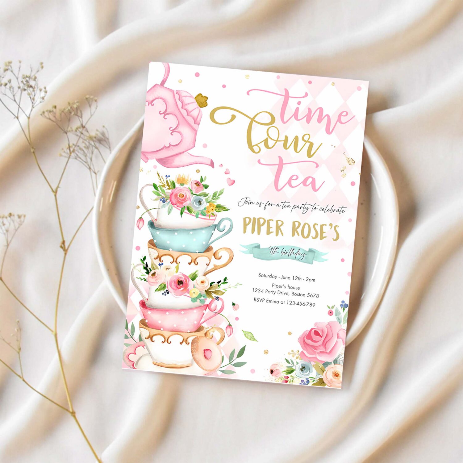 Editable tea party birthday invitation time four tea 4th birthday party pink gold floral whimsical 4th birthday partea 1