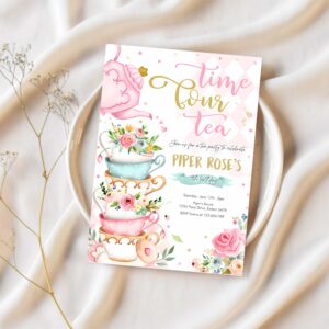 Editable tea party birthday invitation time four tea 4th birthday party pink gold floral whimsical 4th birthday partea 1