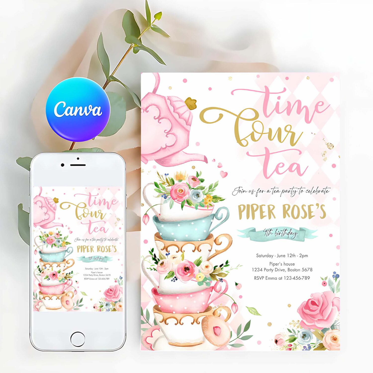 Editable tea party birthday invitation time four tea 4th birthday party pink gold floral whimsical 4th birthday partea