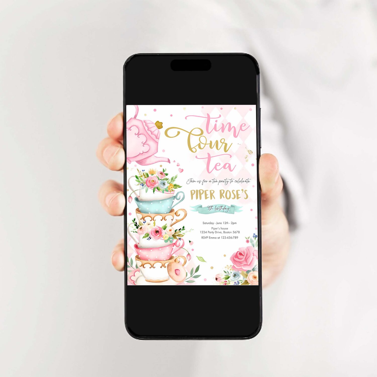 Editable tea party birthday invitation time four tea 4th birthday party pink gold floral whimsical 4th birthday partea 2