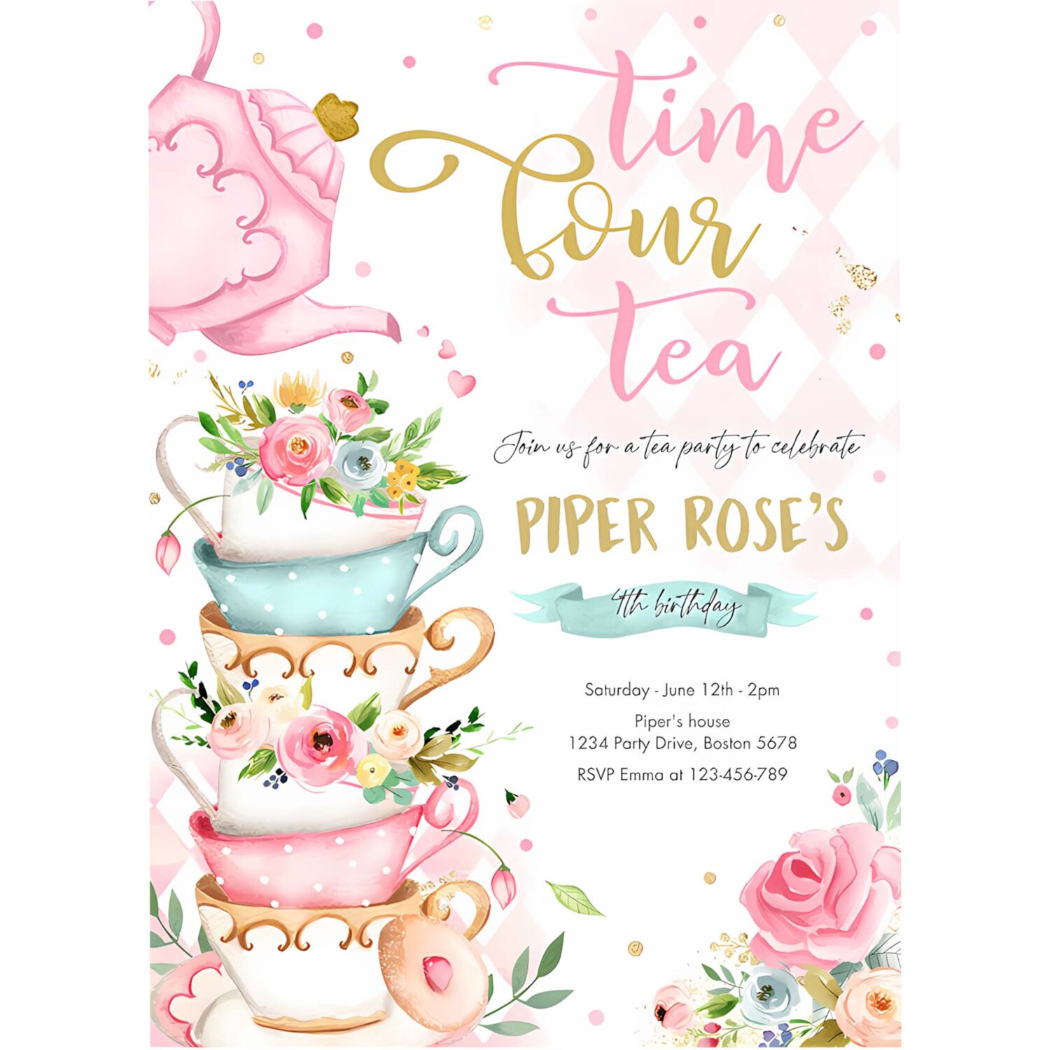 Editable tea party birthday invitation time four tea 4th birthday party pink gold floral whimsical 4th birthday partea 4
