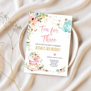 Editable tea for three birthday invitation girl tea party invite pink gold floral 3rd birthday par tea download printable corjl 0349 1