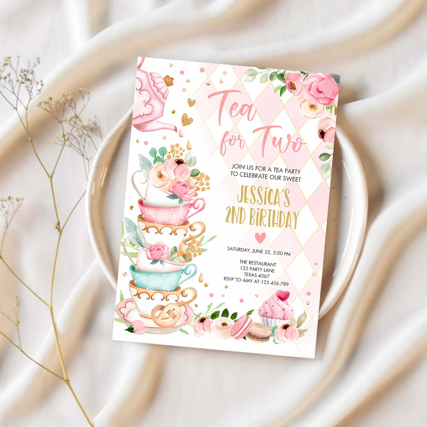Editable tea for two birthday invitation girl tea party invite pink gold floral peach pink download printable template corjl digital 0349 1