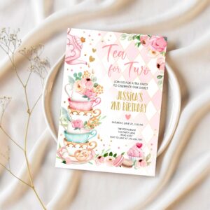 Editable tea for two birthday invitation girl tea party invite pink gold floral peach pink download printable template corjl digital 0349 1