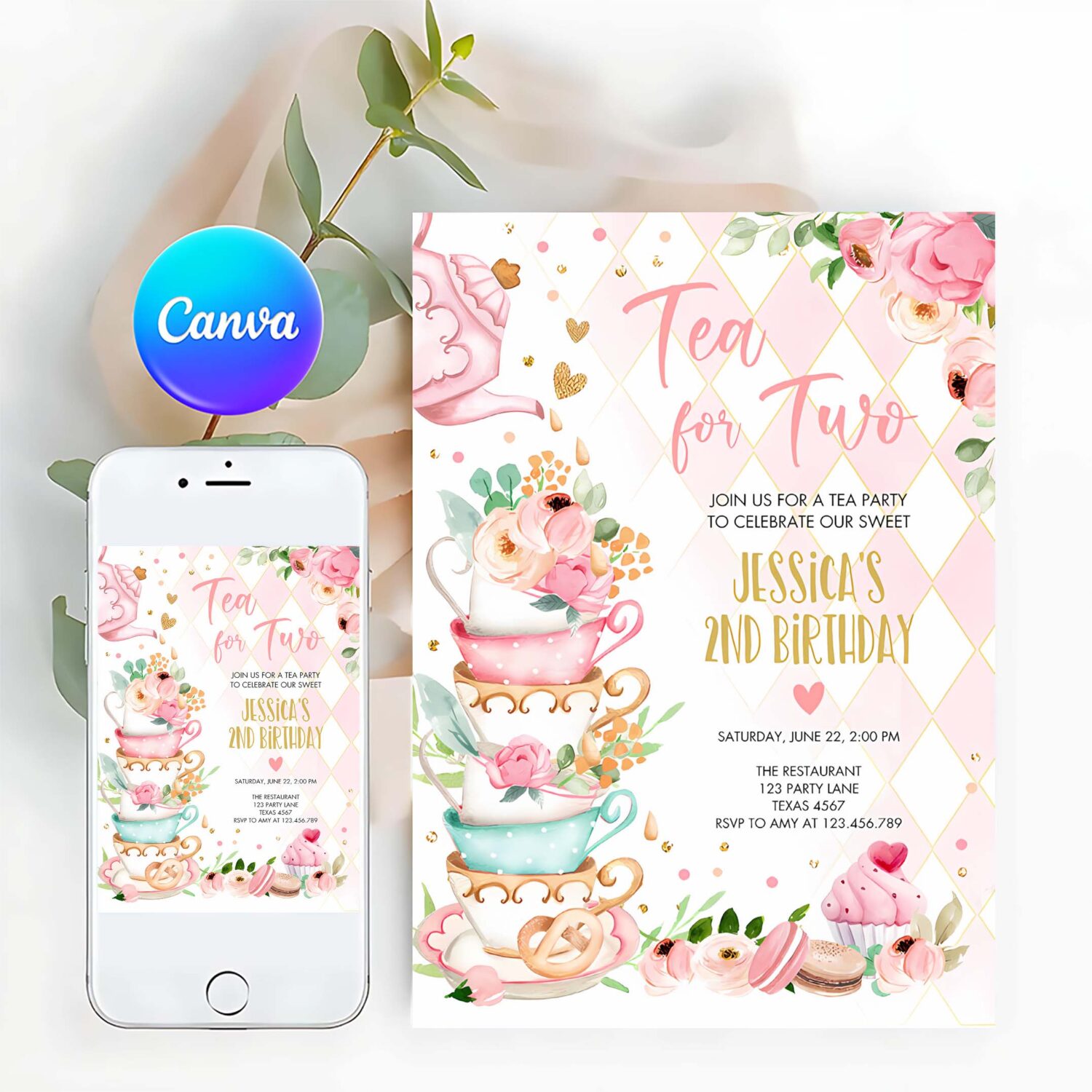 Editable tea for two birthday invitation girl tea party invite pink gold floral peach pink download printable template corjl digital 0349