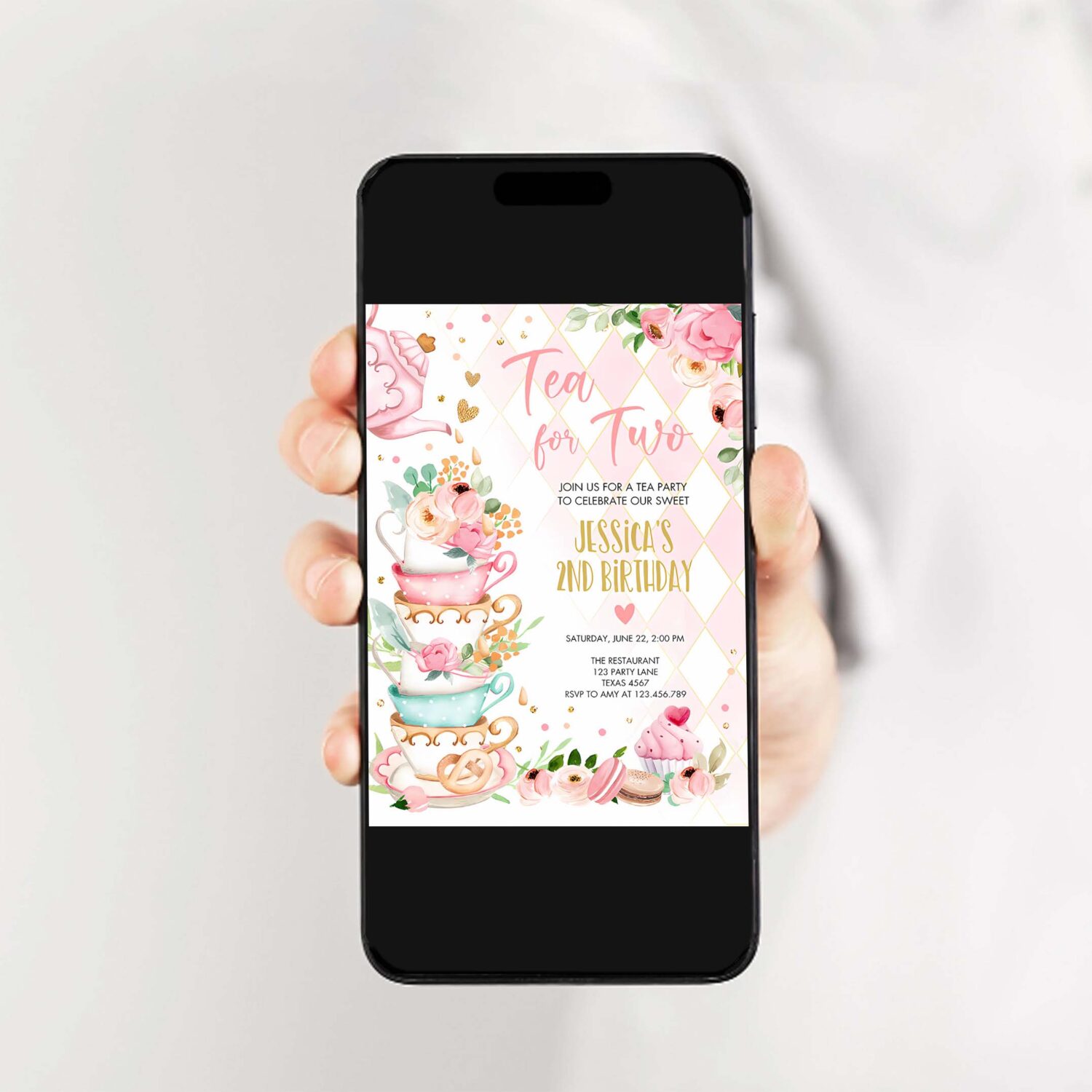Editable tea for two birthday invitation girl tea party invite pink gold floral peach pink download printable template corjl digital 0349 2