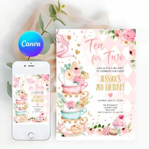 Tea Party Invitation, Tea for Two Birthday Invitation