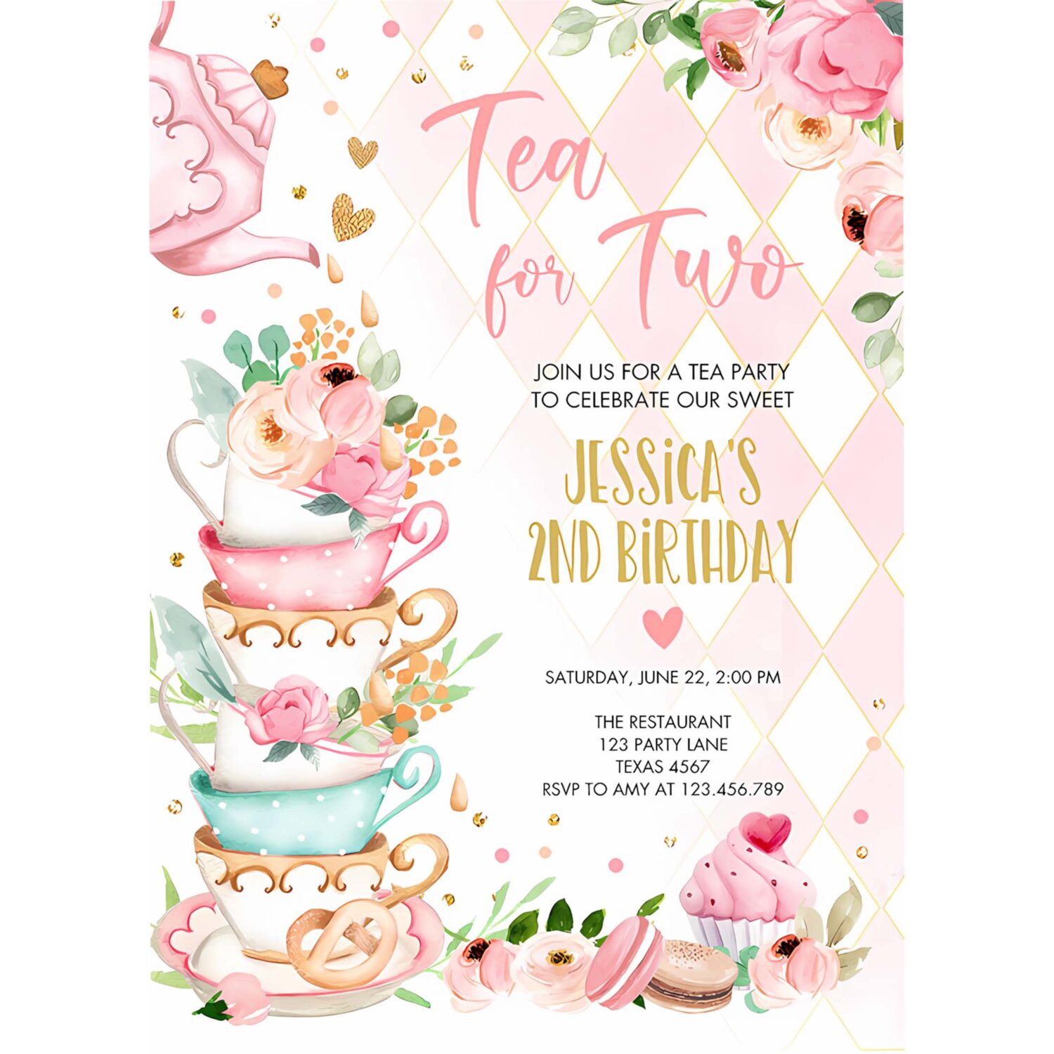 Editable tea for two birthday invitation girl tea party invite pink gold floral peach pink download printable template corjl digital 0349 4