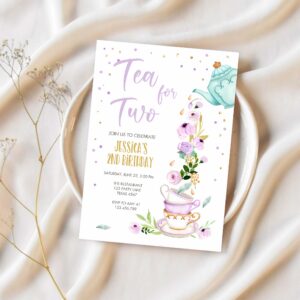 Editable tea for two birthday invitation girl tea party invite pink purple floral whimsical download printable template corjl digital 0349 1