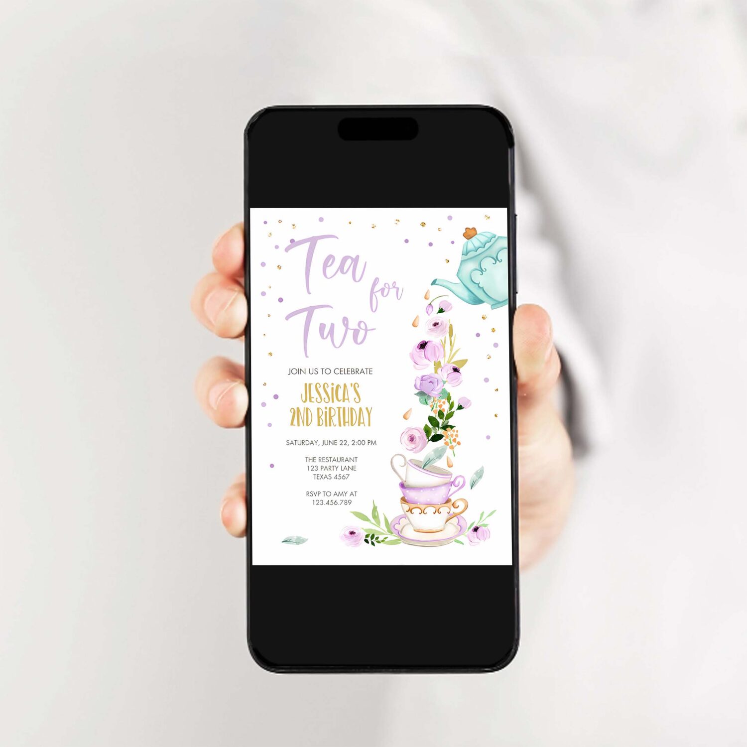 Editable tea for two birthday invitation girl tea party invite pink purple floral whimsical download printable template corjl digital 0349 2