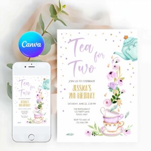 Tea Party Invitation, Tea for Two Birthday Invitation
