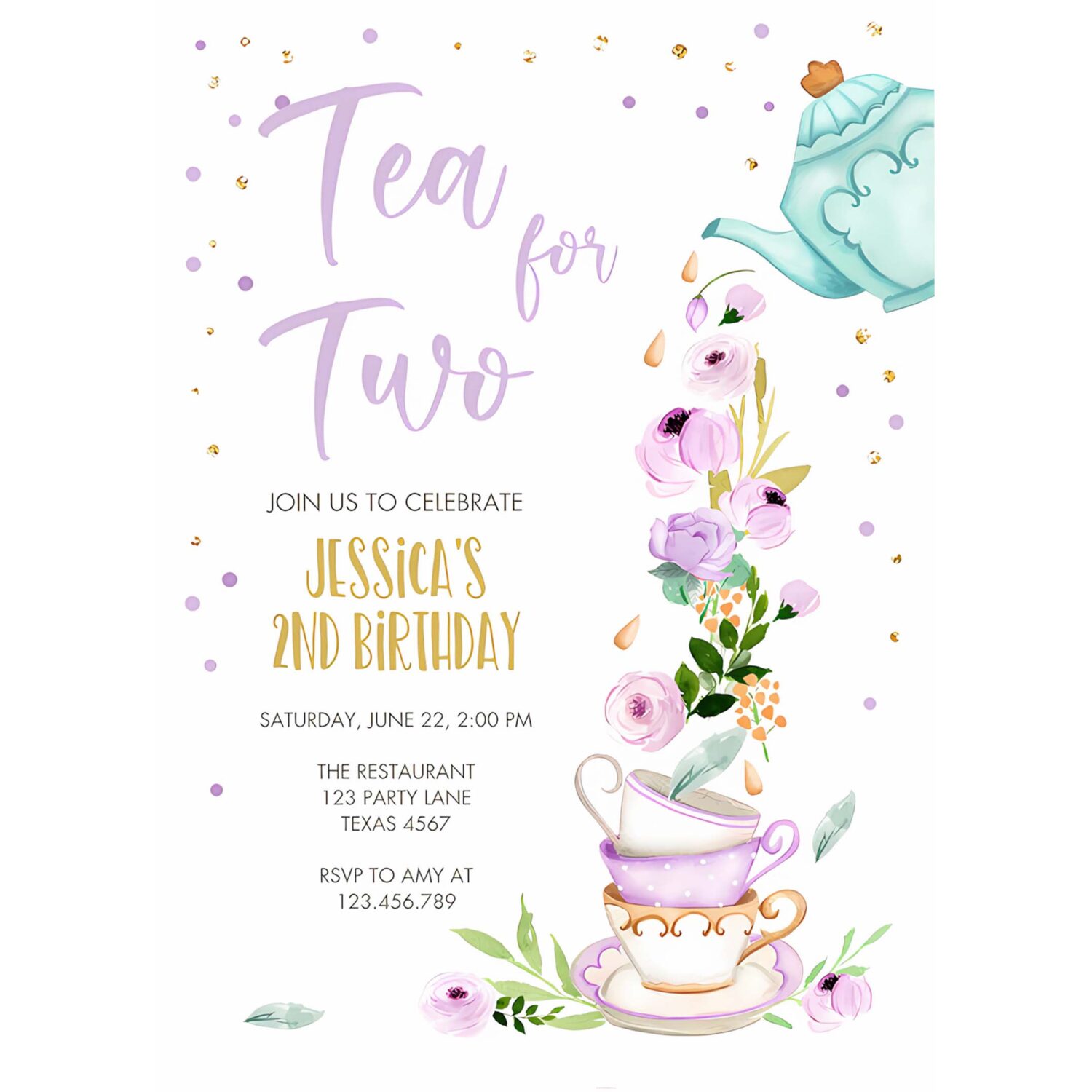 Editable tea for two birthday invitation girl tea party invite pink purple floral whimsical download printable template corjl digital 0349 4