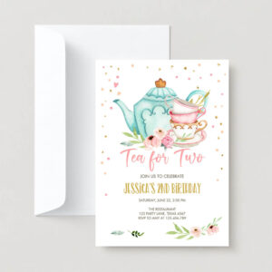 Editable tea for two birthday invite girl tea party invite pink gold floral peach pink download printable template corjl digital 0349 2