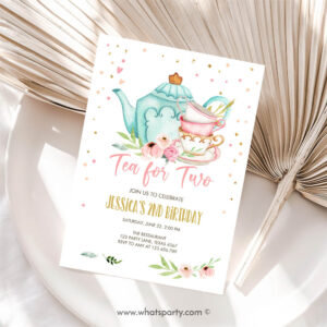 Tea Party Invitation, Tea for Two Birthday Invitation Girl Tea Party Invitation Pink Gold Invitation