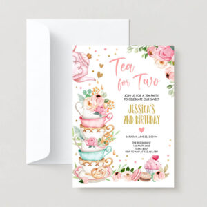 Editable tea for two birthday party girl tea party invite pink gold floral peach pink download printable template corjl digital 0349 2