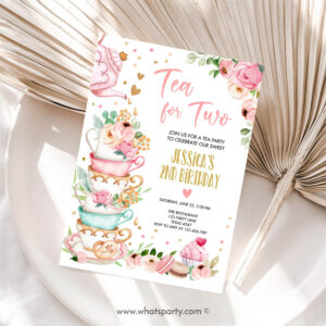 Tea Party Invitation, Tea for Two Birthday Party, Girl Tea Party Invitation Pink Gold Invitation