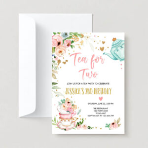 Editable tea for two birthday party invite girl tea party invite pink gold floral peach pink download printable template corjl digital 0349 2