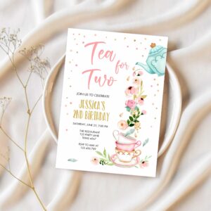 Editable tea for two party invitation girl tea party invite pink gold floral peach pink download printable template corjl digital 0349 1