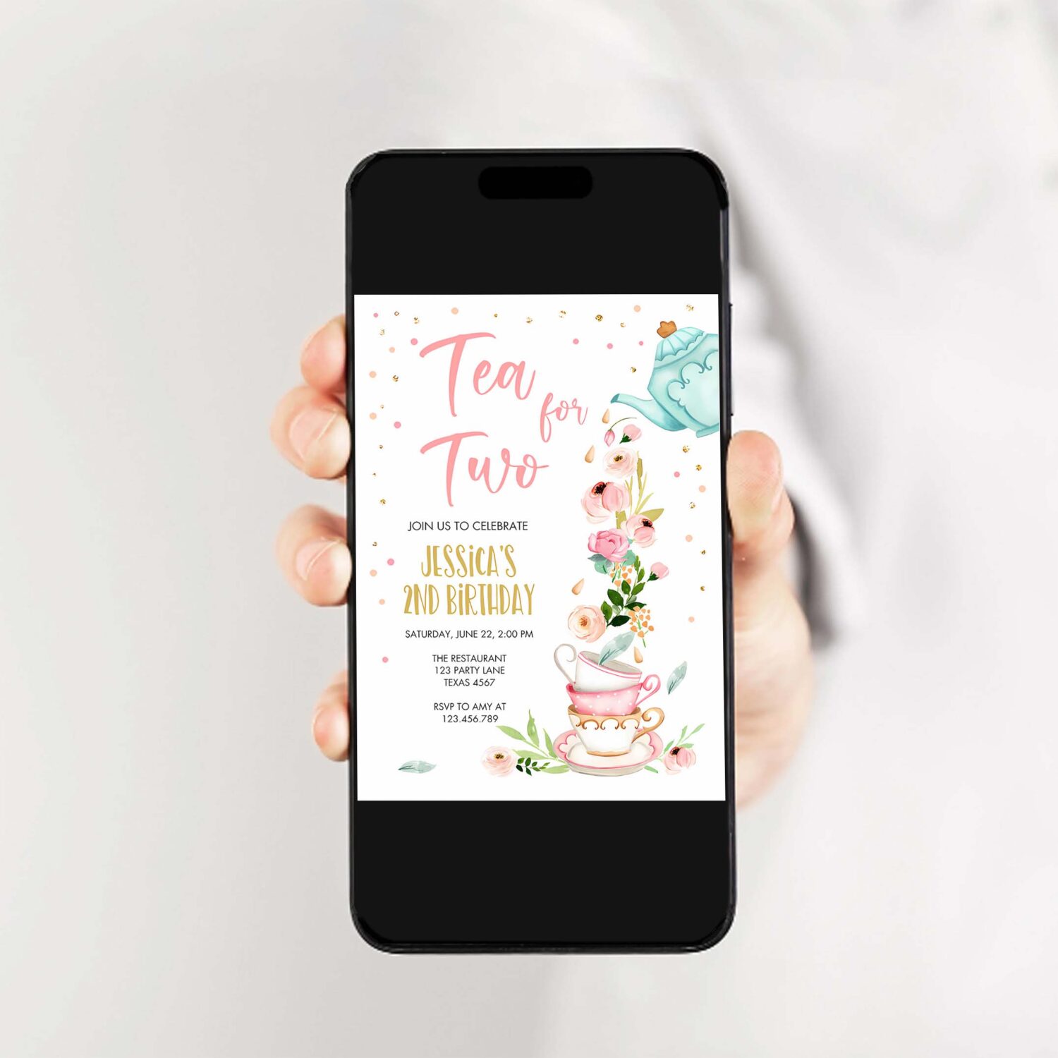 Editable tea for two party invitation girl tea party invite pink gold floral peach pink download printable template corjl digital 0349 2