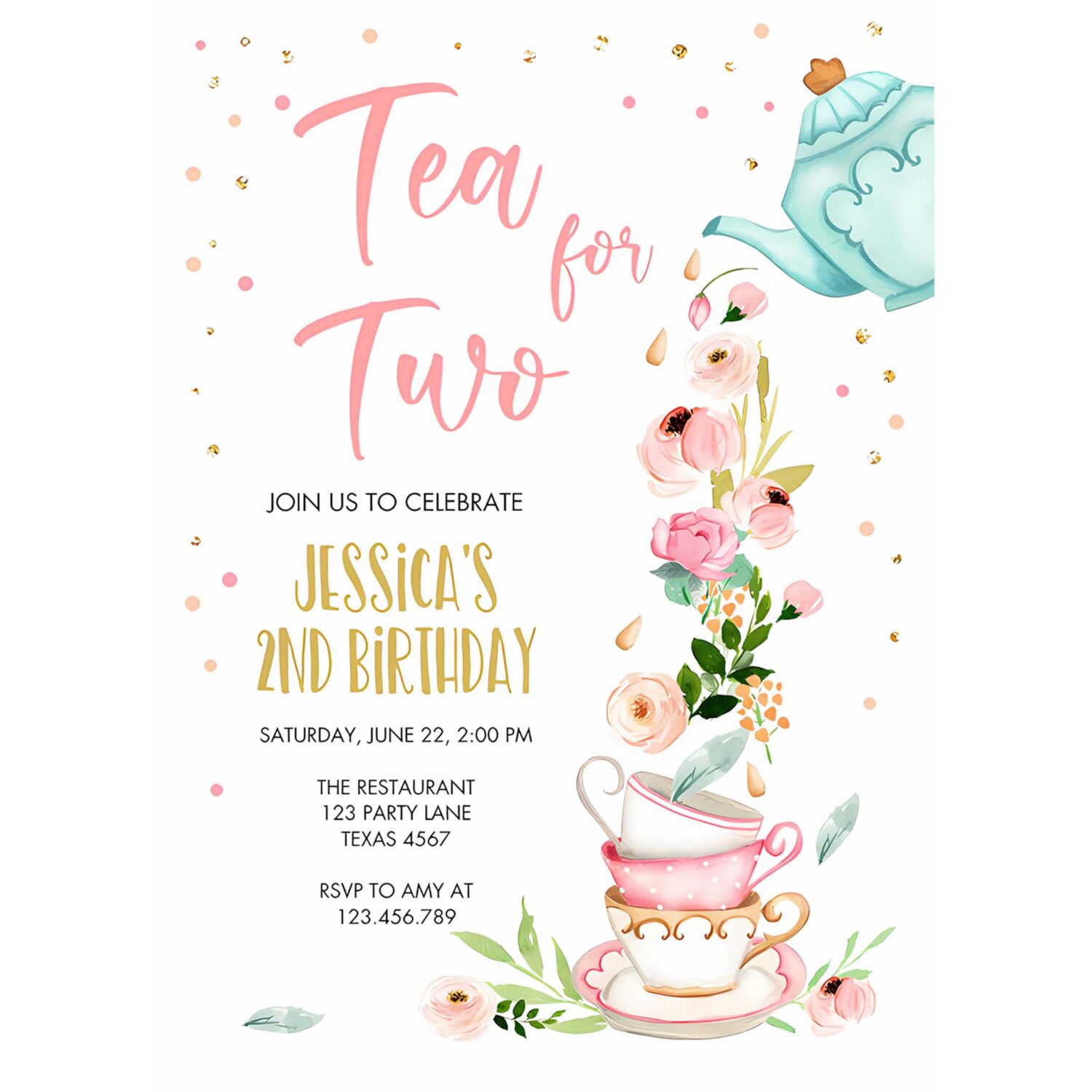 Editable tea for two party invitation girl tea party invite pink gold floral peach pink download printable template corjl digital 0349 4