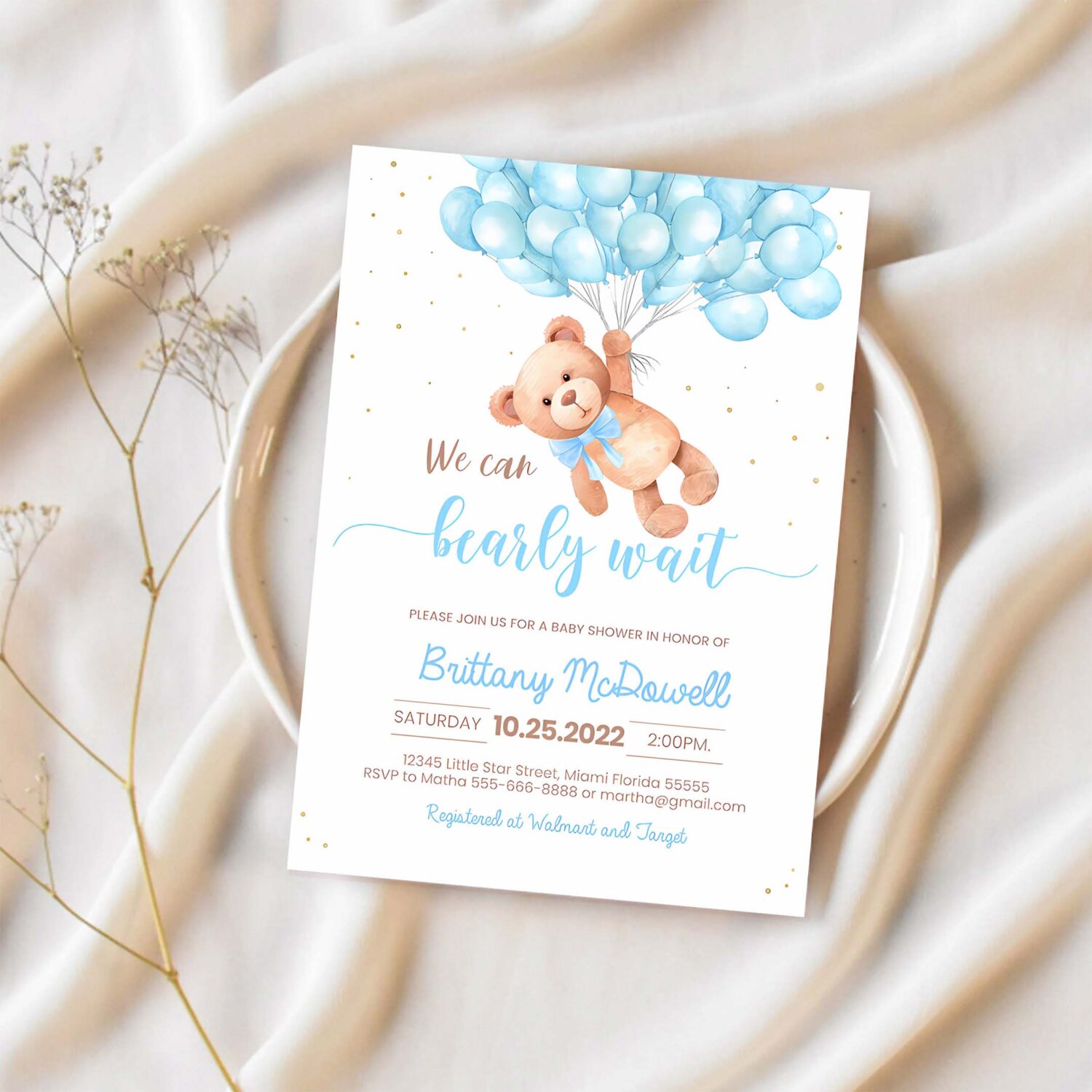 Editable teddy bear baby shower invitation bear themed baby shower invite printable bear with balloons invitations template 1