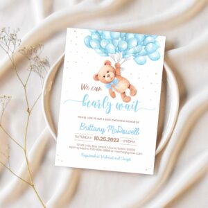 Editable teddy bear baby shower invitation bear themed baby shower invite printable bear with balloons invitations template 1