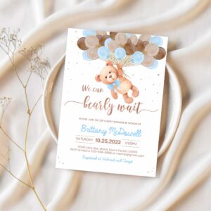 Editable teddy bear baby shower invitation bear themed baby shower party invite printable bear with balloons invitations 1