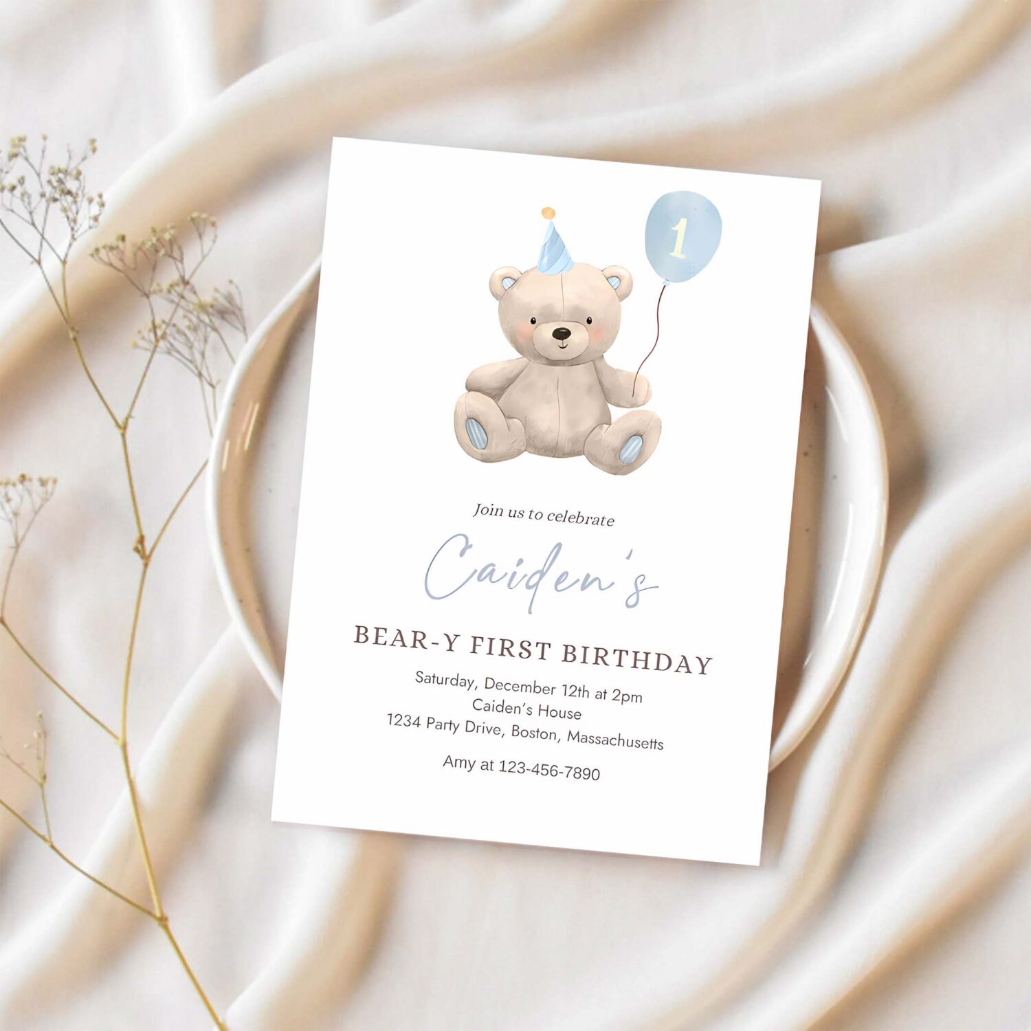 Editable teddy bear birthday invitation blue boy teddy bear party bear y first birthday party bear balloons 1st birthday party 1