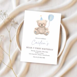 Editable teddy bear birthday invitation blue boy teddy bear party bear y first birthday party bear balloons 1st birthday party 1