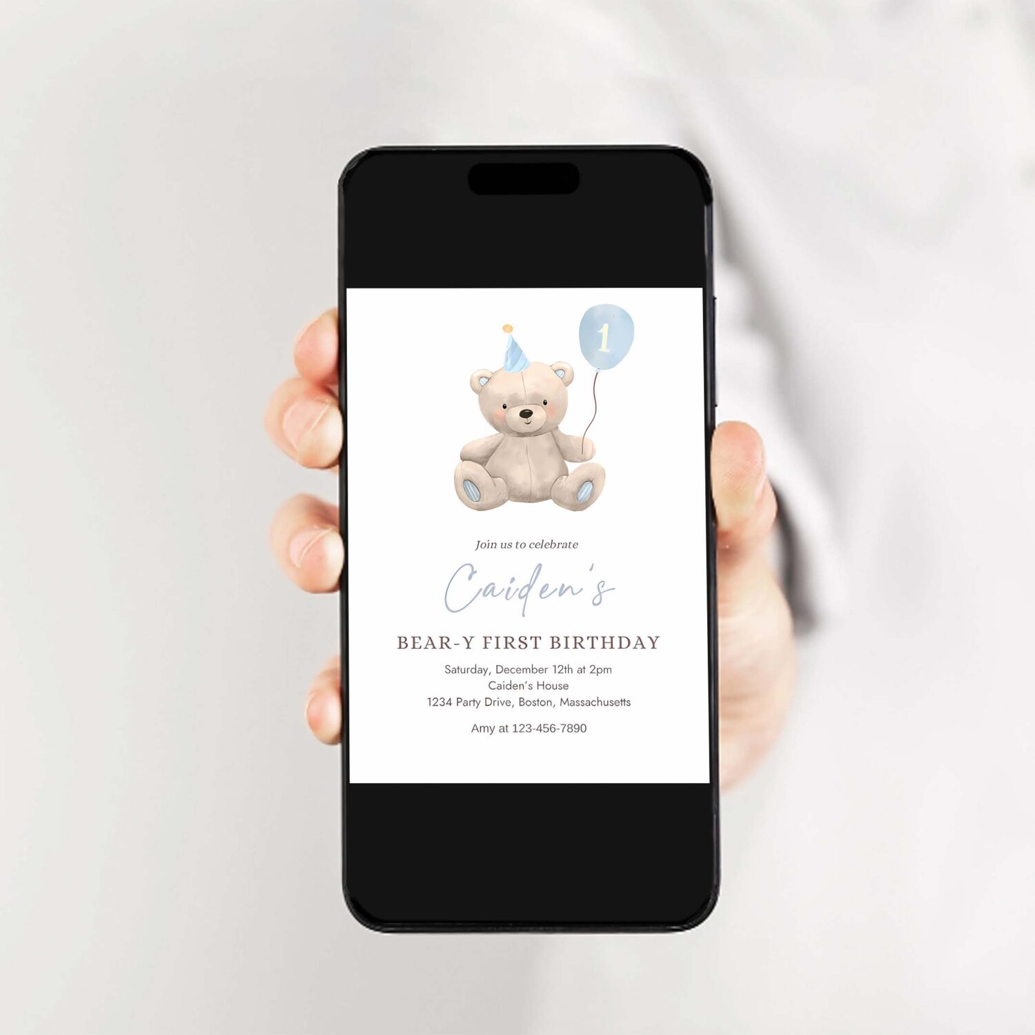 Editable teddy bear birthday invitation blue boy teddy bear party bear y first birthday party bear balloons 1st birthday party 2