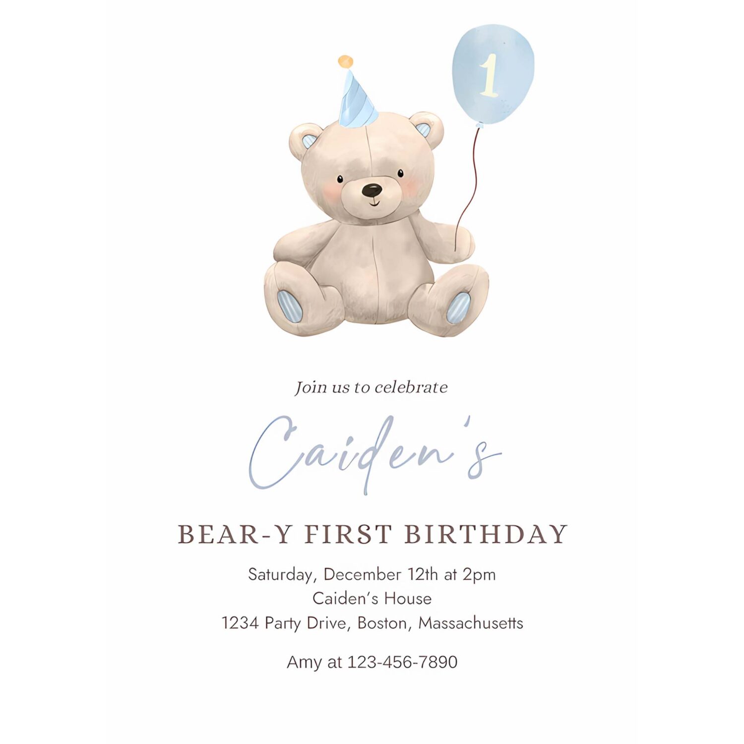 Editable teddy bear birthday invitation blue boy teddy bear party bear y first birthday party bear balloons 1st birthday party 4
