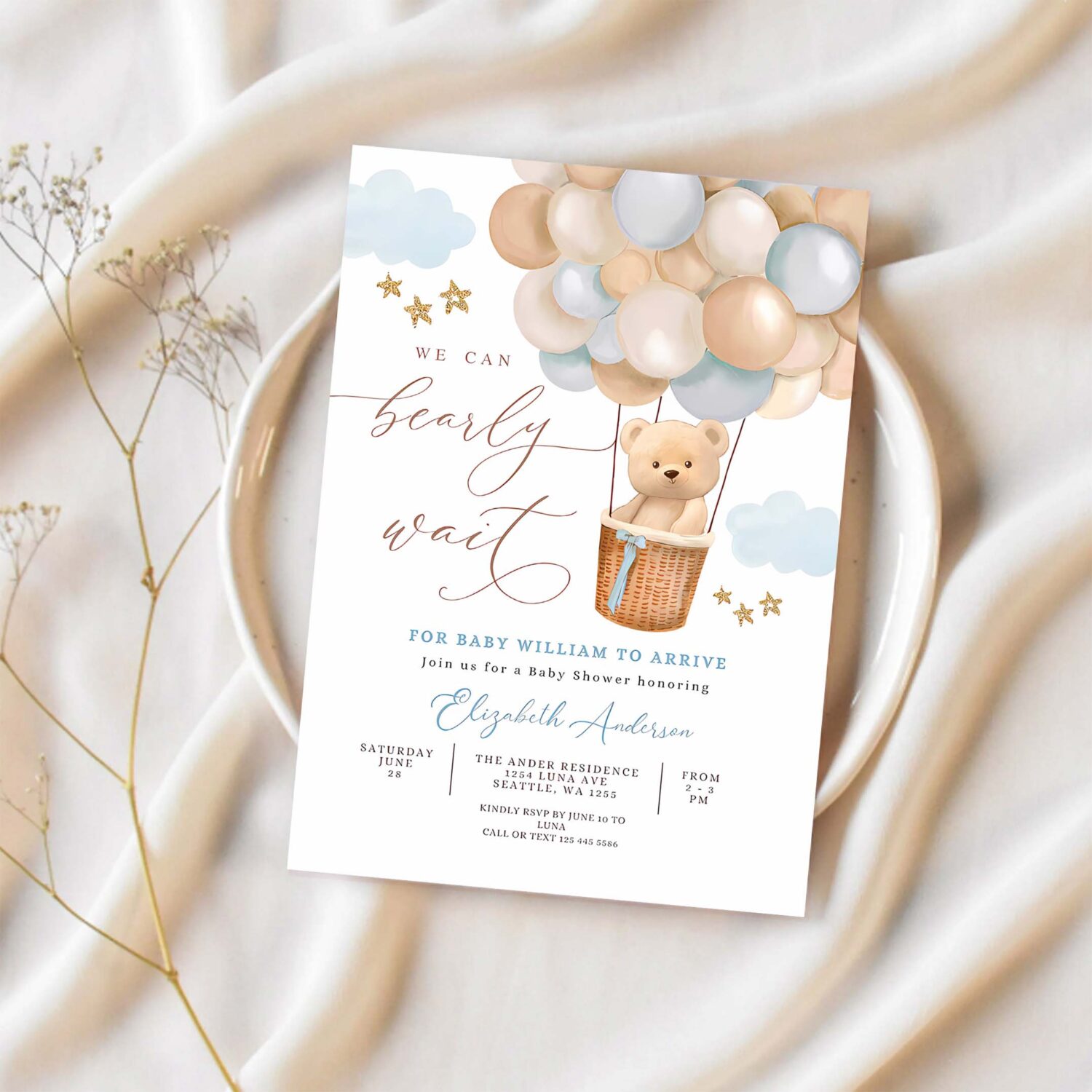 Editable teddy bear hot air balloon baby shower invitation blue tan beige we can bearly wait invites template 1