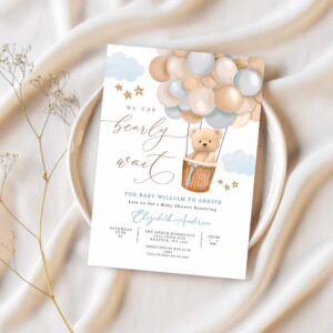 Editable teddy bear hot air balloon baby shower invitation blue tan beige we can bearly wait invites template 1