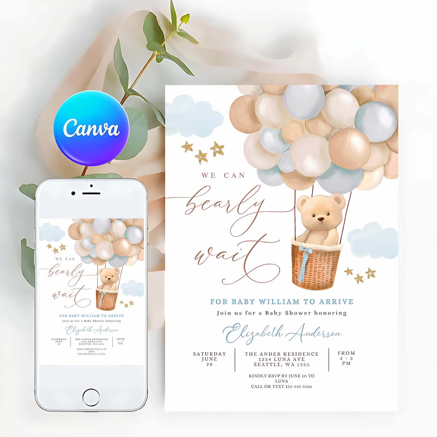 Editable teddy bear hot air balloon baby shower invitation blue tan beige we can bearly wait invites template