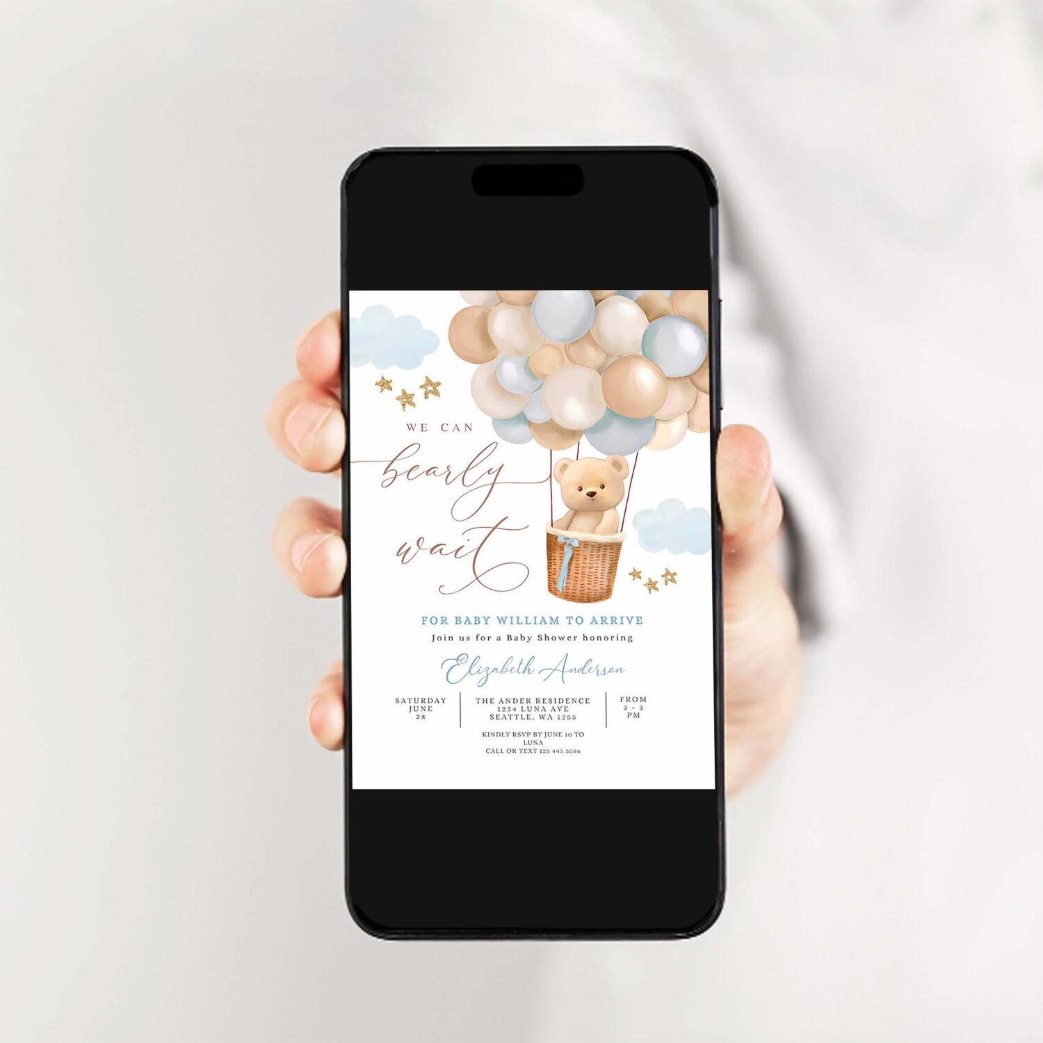 Editable teddy bear hot air balloon baby shower invitation blue tan beige we can bearly wait invites template 2