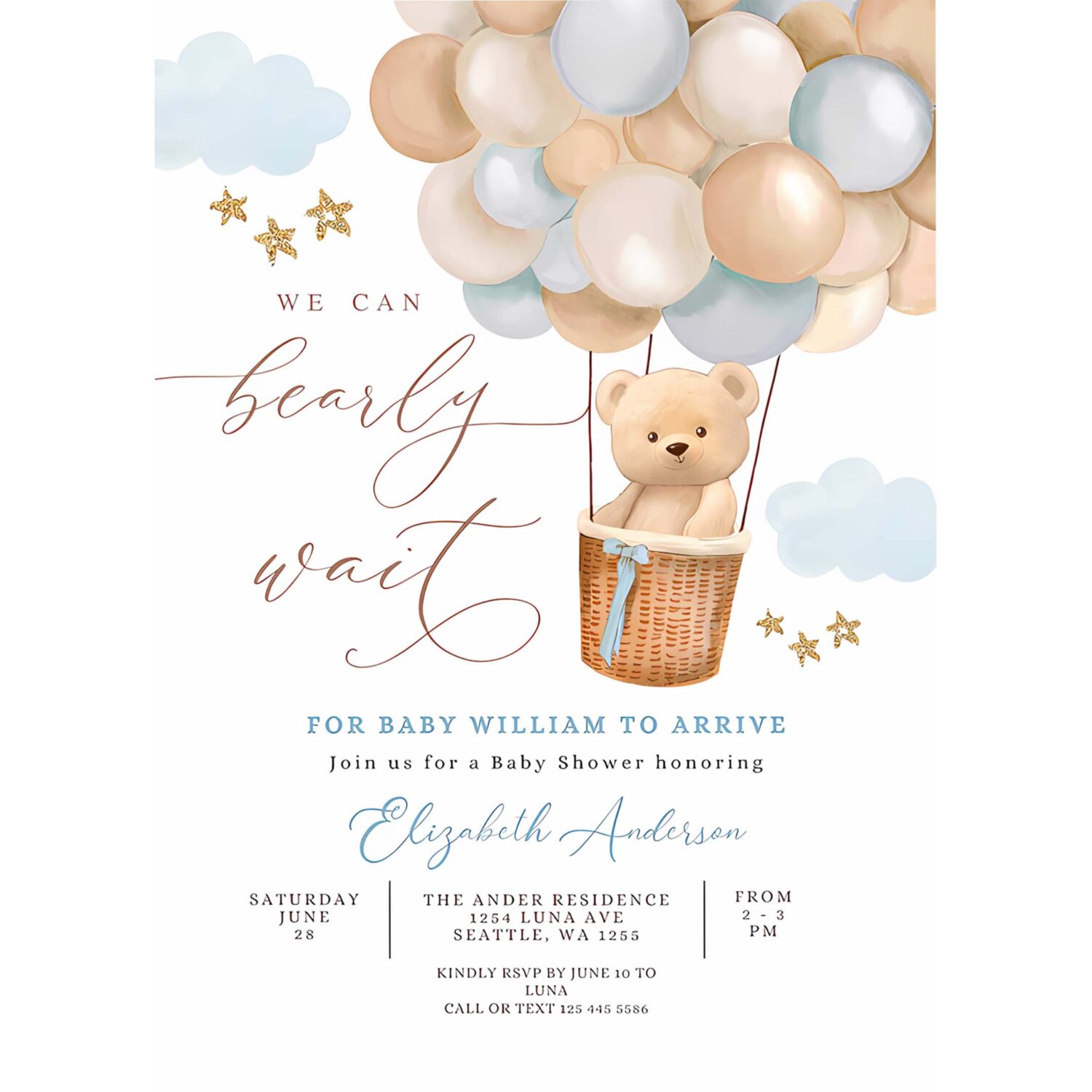 Editable teddy bear hot air balloon baby shower invitation blue tan beige we can bearly wait invites template 4