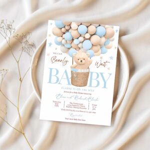Editable teddy bear hot air balloon baby shower invitation boy blue teddy bear baby shower we can bearly wait shower instant download 4h 1