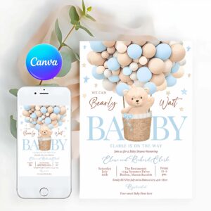 Teddy Bear Invitation, Teddy Bear Hot Air Balloon Baby Shower Invitation