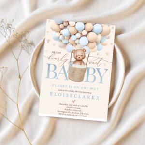 Editable teddy bear hot air balloon baby shower invitation boy blue teddy bear baby shower we can bearly wait shower instant download je 1