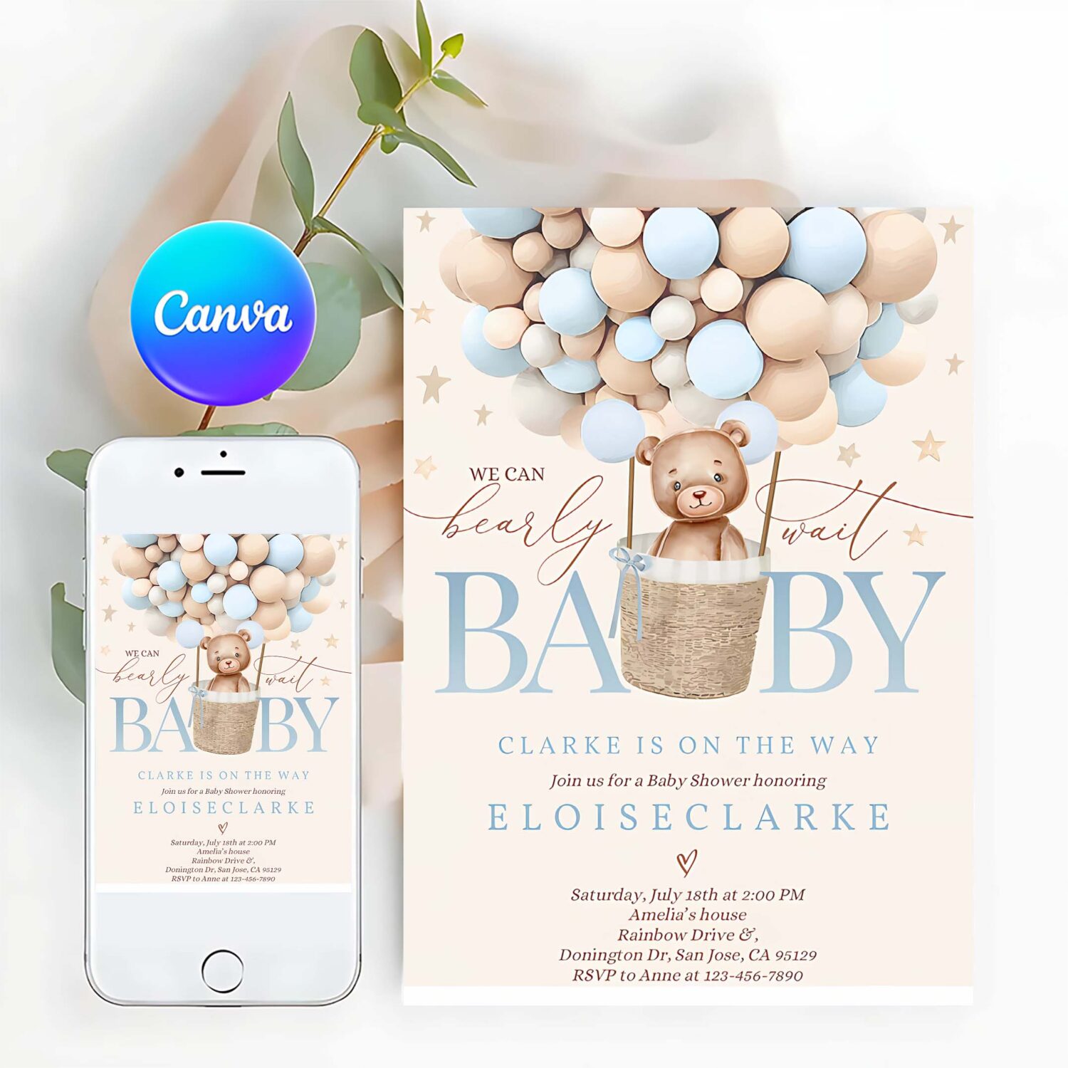 Editable teddy bear hot air balloon baby shower invitation boy blue teddy bear baby shower we can bearly wait shower instant download je