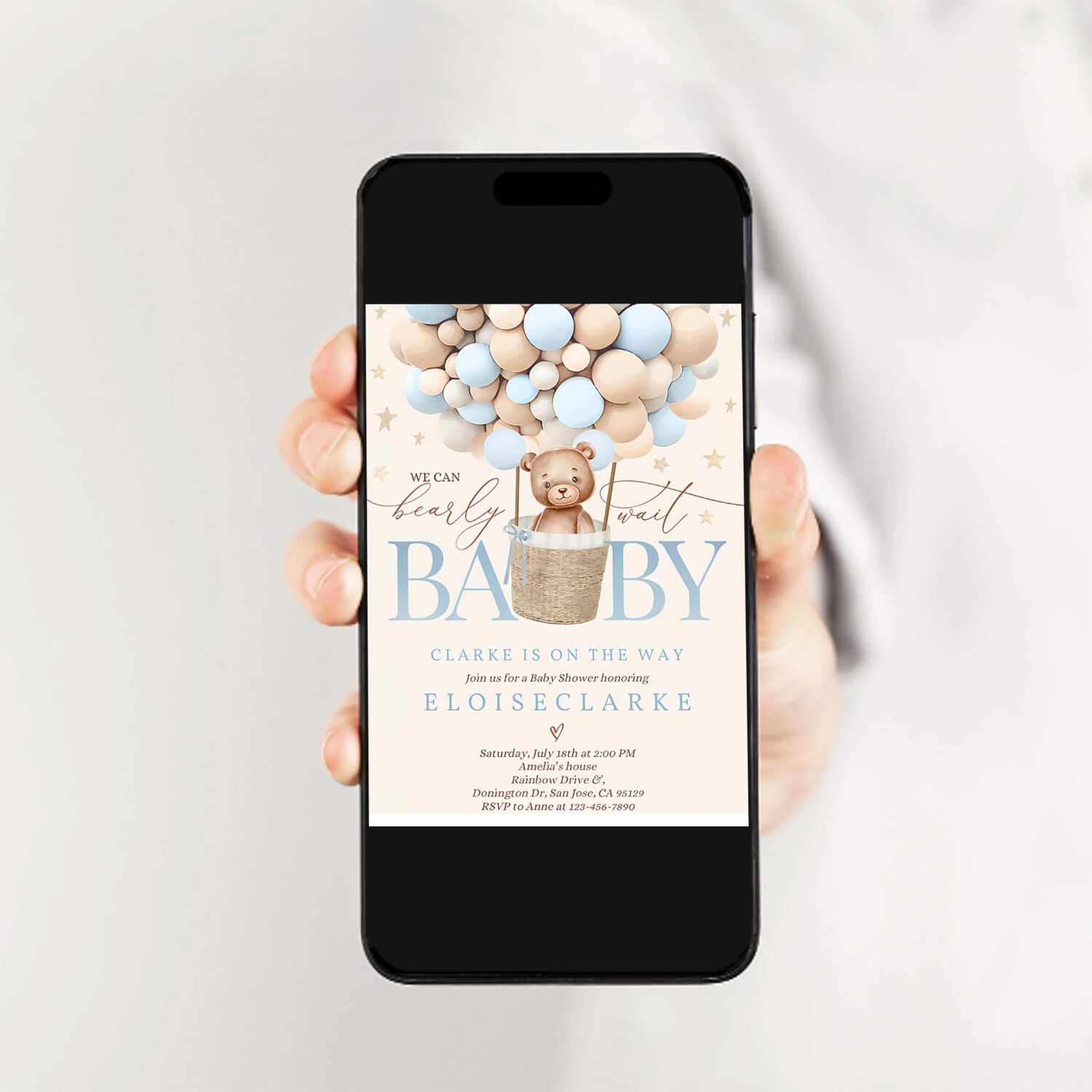Editable teddy bear hot air balloon baby shower invitation boy blue teddy bear baby shower we can bearly wait shower instant download je 2